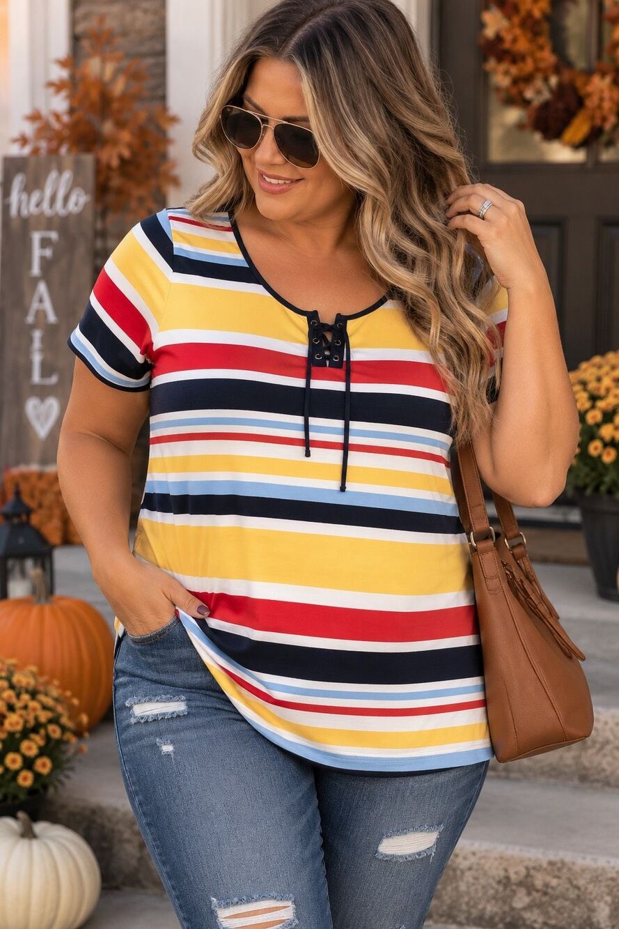 Chaps Women’s 3X Multicolor Striped Lace Up Short Sleeve Stretch Top